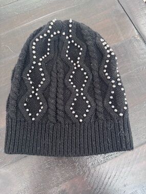 Club Monaco Black Beanie with Crystal Stud Accents